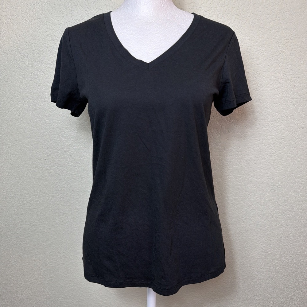 Quince Cotton Modal V-Neck Tee Women XS Black Short Sleeve T-Shirt NWT Staple